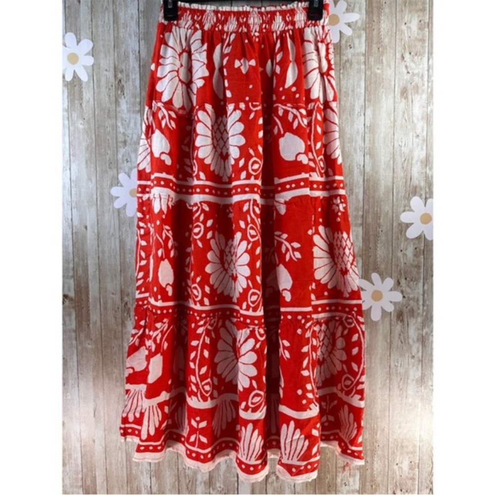 Haute Hippie Linen Blend A-Line Tiered Maxi Skirt Red White Floral‎ Sz M Boho